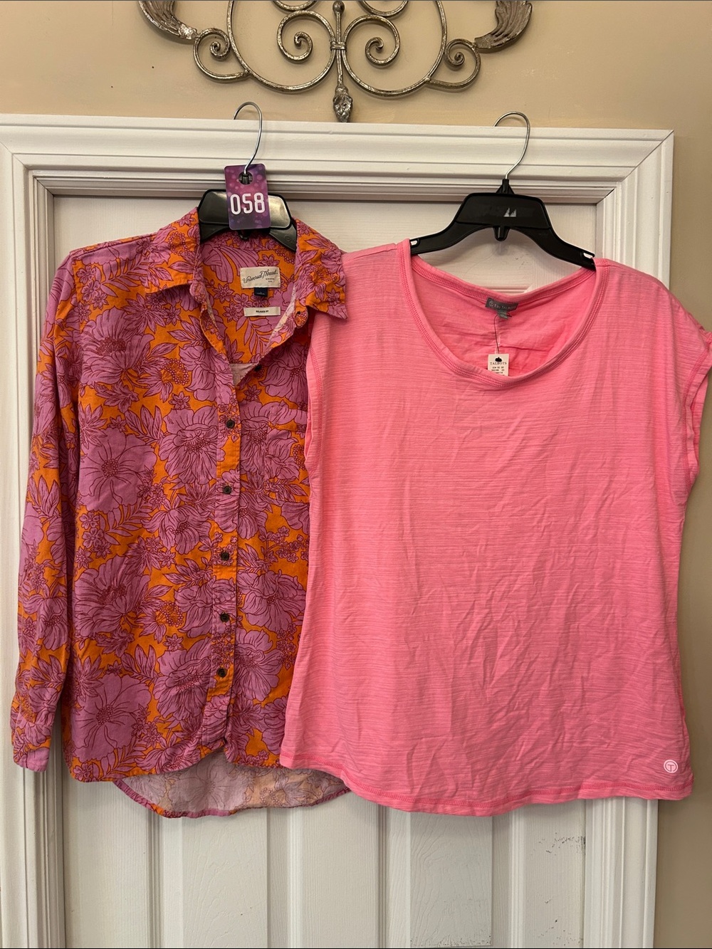 Talbots Pink Tee and Pink-Orange Floral Button Down Shirt